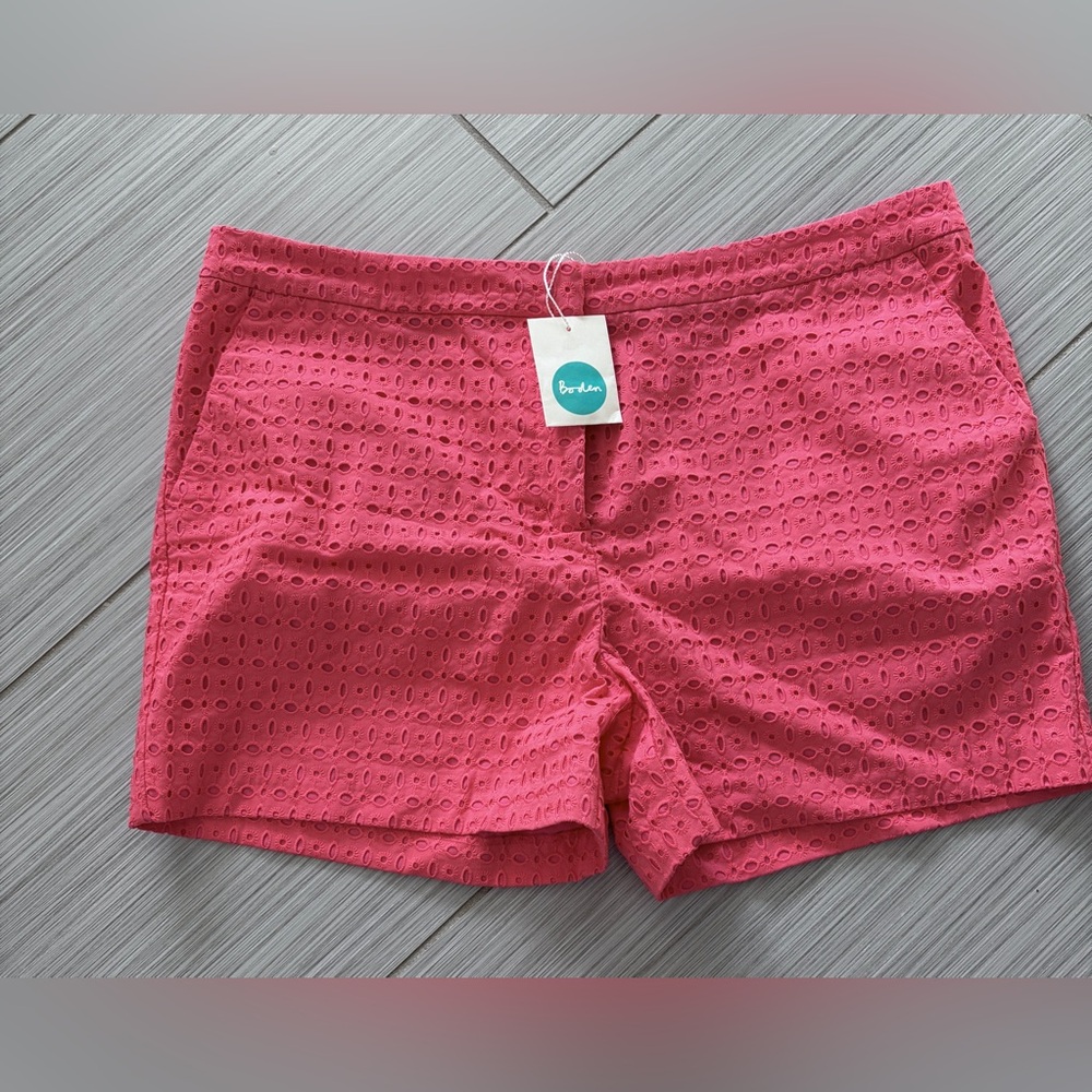 Boden Bright Pink Eyelet High-Waist Cotton Shorts Coral color NWT SZ 14